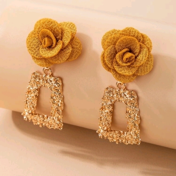 Gold Hoop Statement Earrings Yellow Rose Chunky Boho Dangle Floral 💖2/$30 - Picture 6 of 12